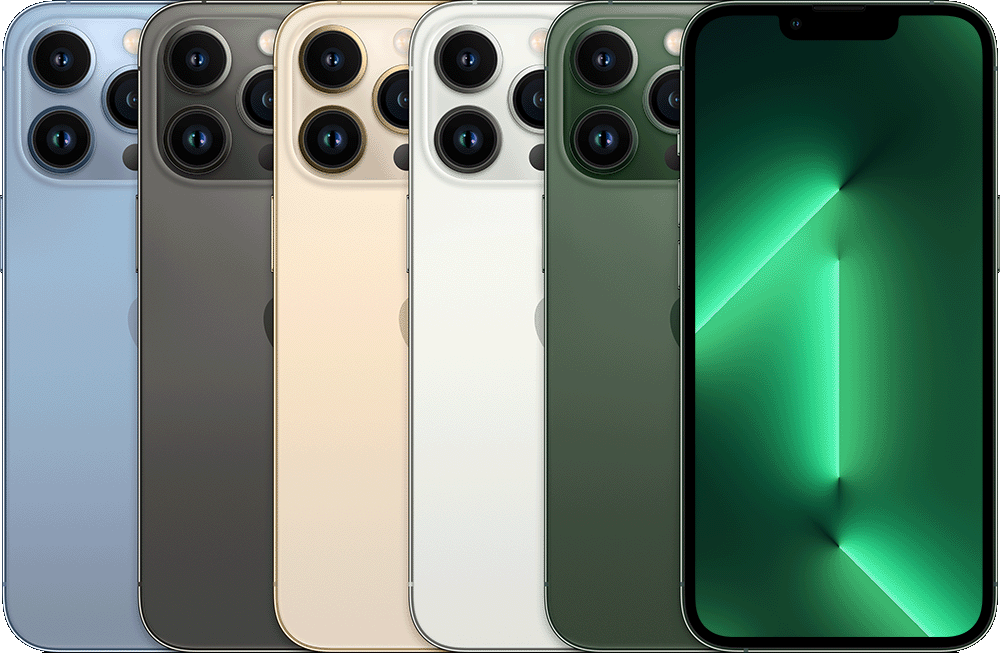 The backs of several iPhone devices, side by side, in all available colors, followed by the front of one.