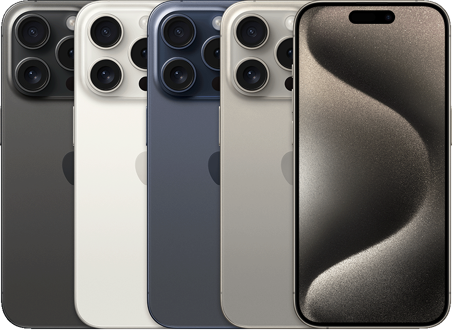 The backs of several iPhone devices, side by side, in all available colors, followed by the front of one.
