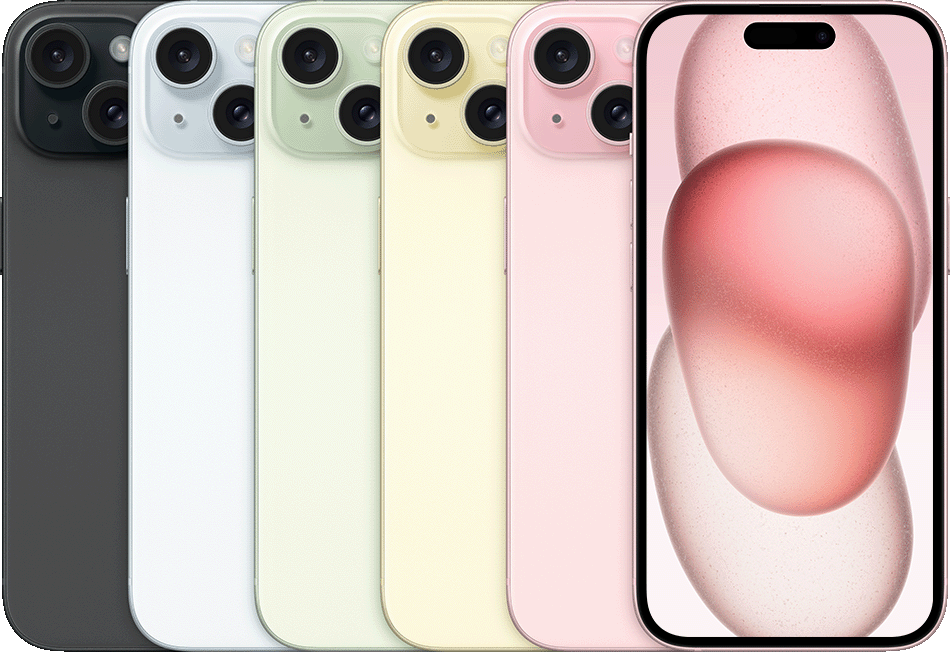 The backs of several iPhone devices, side by side, in all available colours, followed by the front of one.