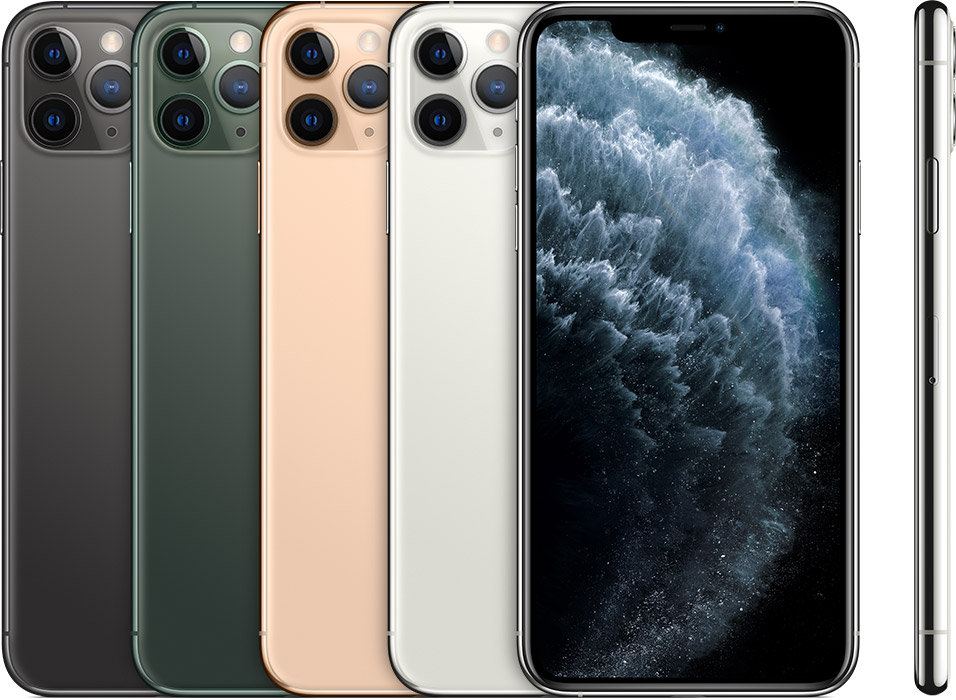 The backs of several iPhone devices, side by side, in all available colours, followed by the front of one and the side of one.