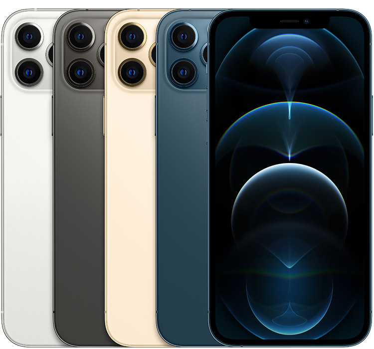 The backs of several iPhone devices, side by side, in all available colors, followed by the front of one.