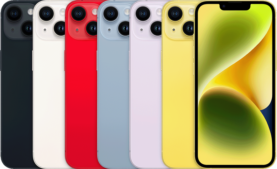 The backs of several iPhone devices, side by side, in all available colors, followed by the front of one.