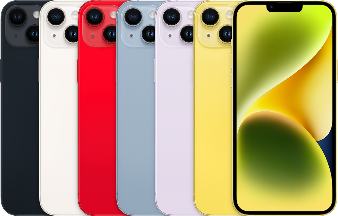 Le dos de plusieurs iPhone, côte à côte, dans toutes les couleurs disponibles, à côté de la face avant d’un iPhone.