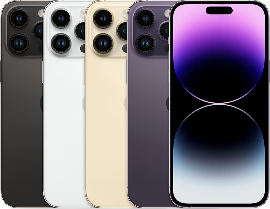 The backs of several iPhone devices, side by side, in all available colors, followed by the front of one.