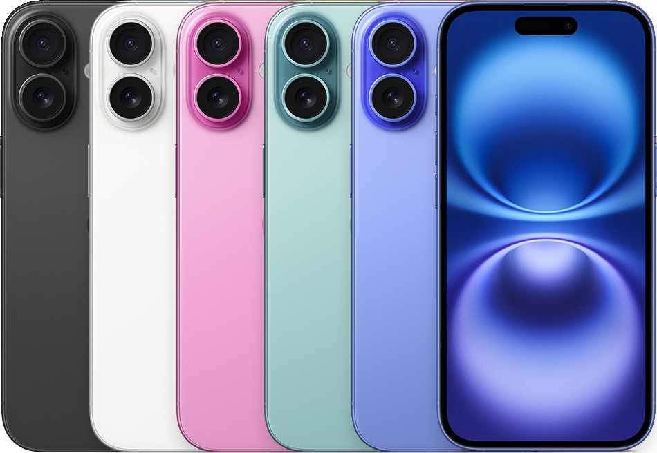 The backs of several iPhone devices, side by side, in all available colors, followed by the front of one.