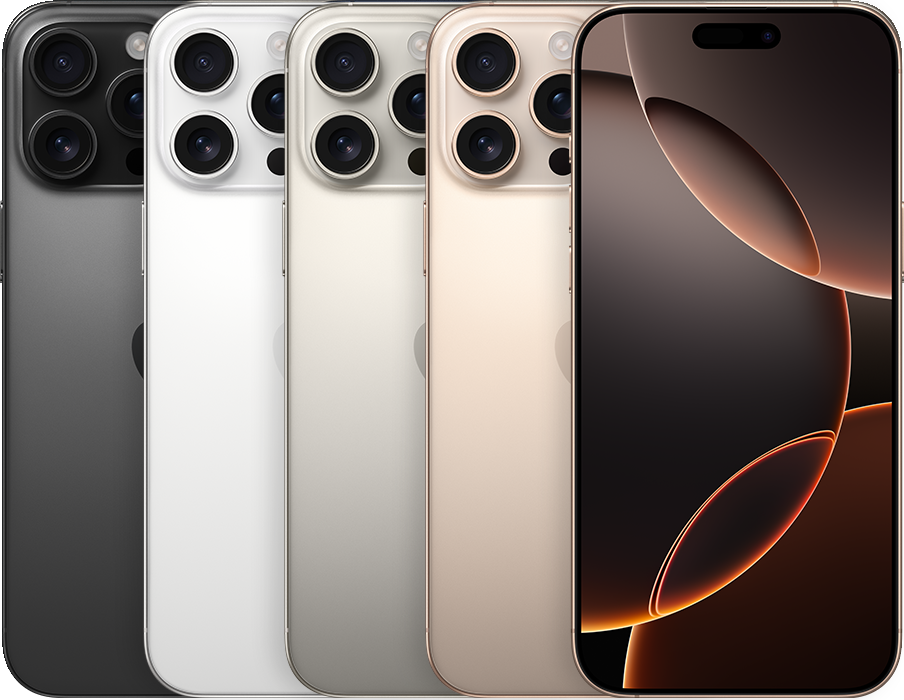 Bagsiden af flere iPhone-enheder, side om side, i alle tilgængelige farver, efterfulgt af forsiden af en.