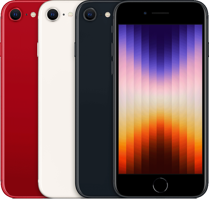 Le dos de plusieurs iPhone, côte à côte, dans toutes les couleurs disponibles, à côté de la face avant d’un iPhone.