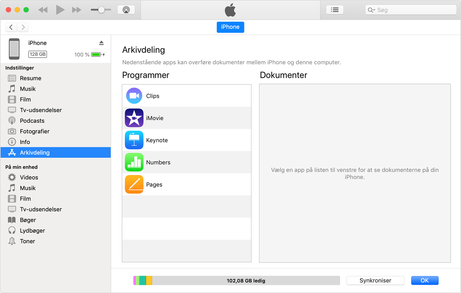 Arkivdeling er valgt, og der åbnes en liste over apps, der er tilgængelige til Arkivdeling.