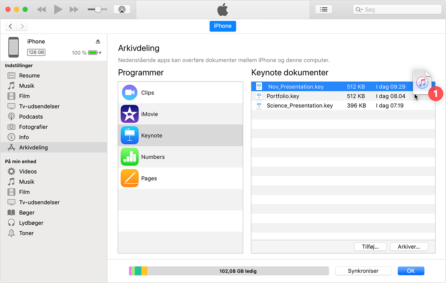 Rød meddelelsesboble, der angiver, at ét Keynote-dokument er valgt til at blive gemt.