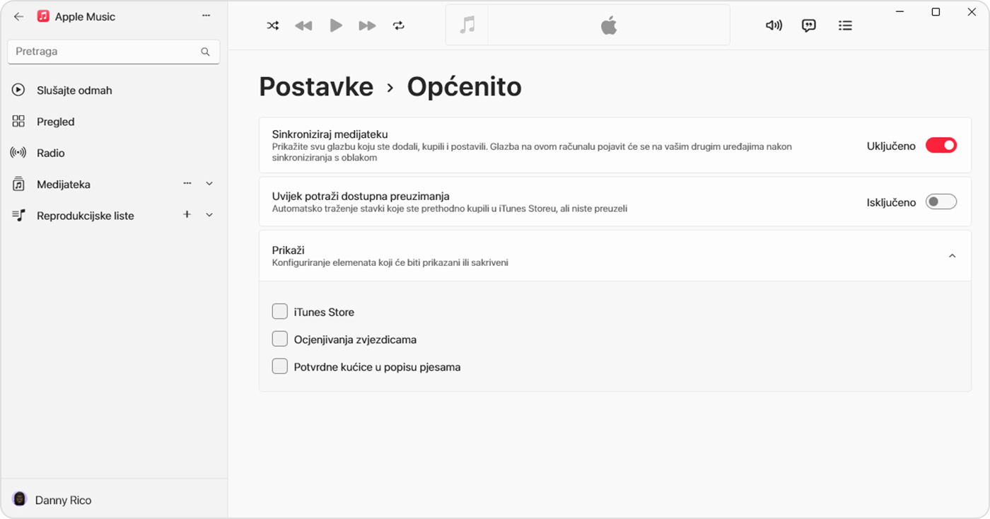Aplikacija Apple Music za Windows s prikazom uključene sinkronizacije medijateke u odjeljku Postavke > Općenito