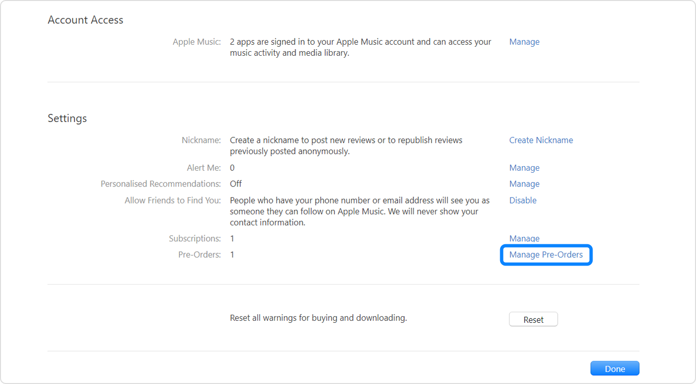 تطبيق Apple Music للكمبيوتر الشخصي (PC) الذي يعمل بنظام التشغيل Windows يعرض "إدارة الطلبات المسبقة" في "إعدادات الحساب"