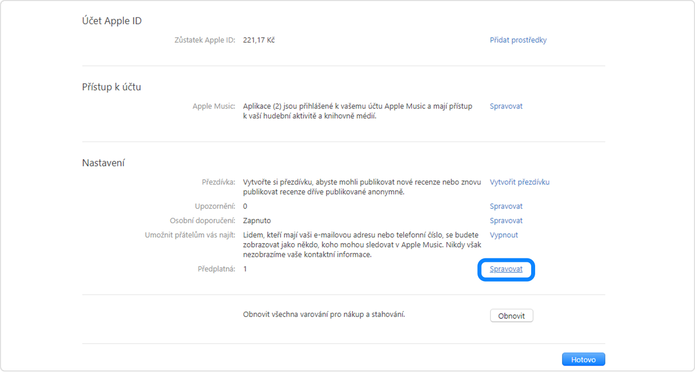 Windows se zobrazenou obrazovkou Nastavení v aplikaci Apple Music. Chcete-li spravovat předplatná, klikněte na Spravovat.