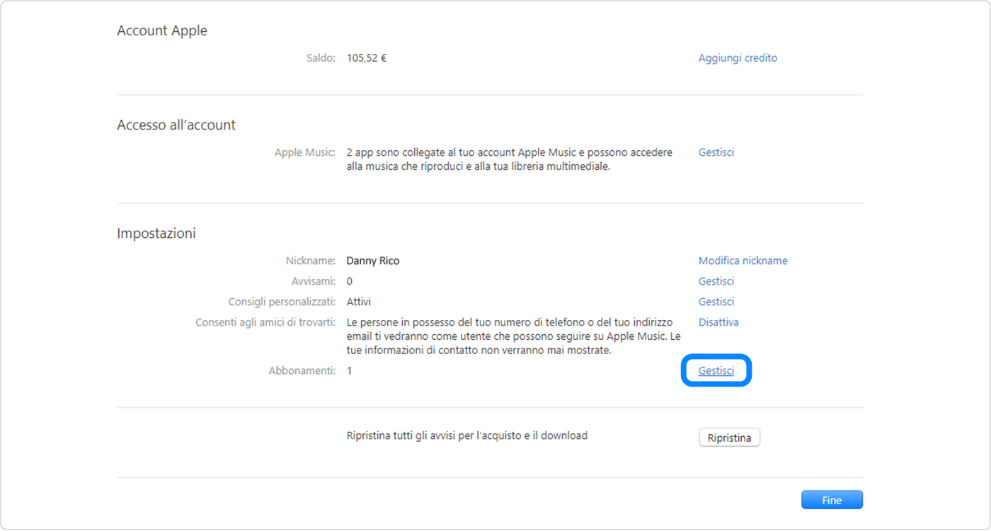 Windows OS che mostra la schermata Impostazioni nell'app Apple Music. Per gestire i tuoi abbonamenti, fai clic su Gestisci.