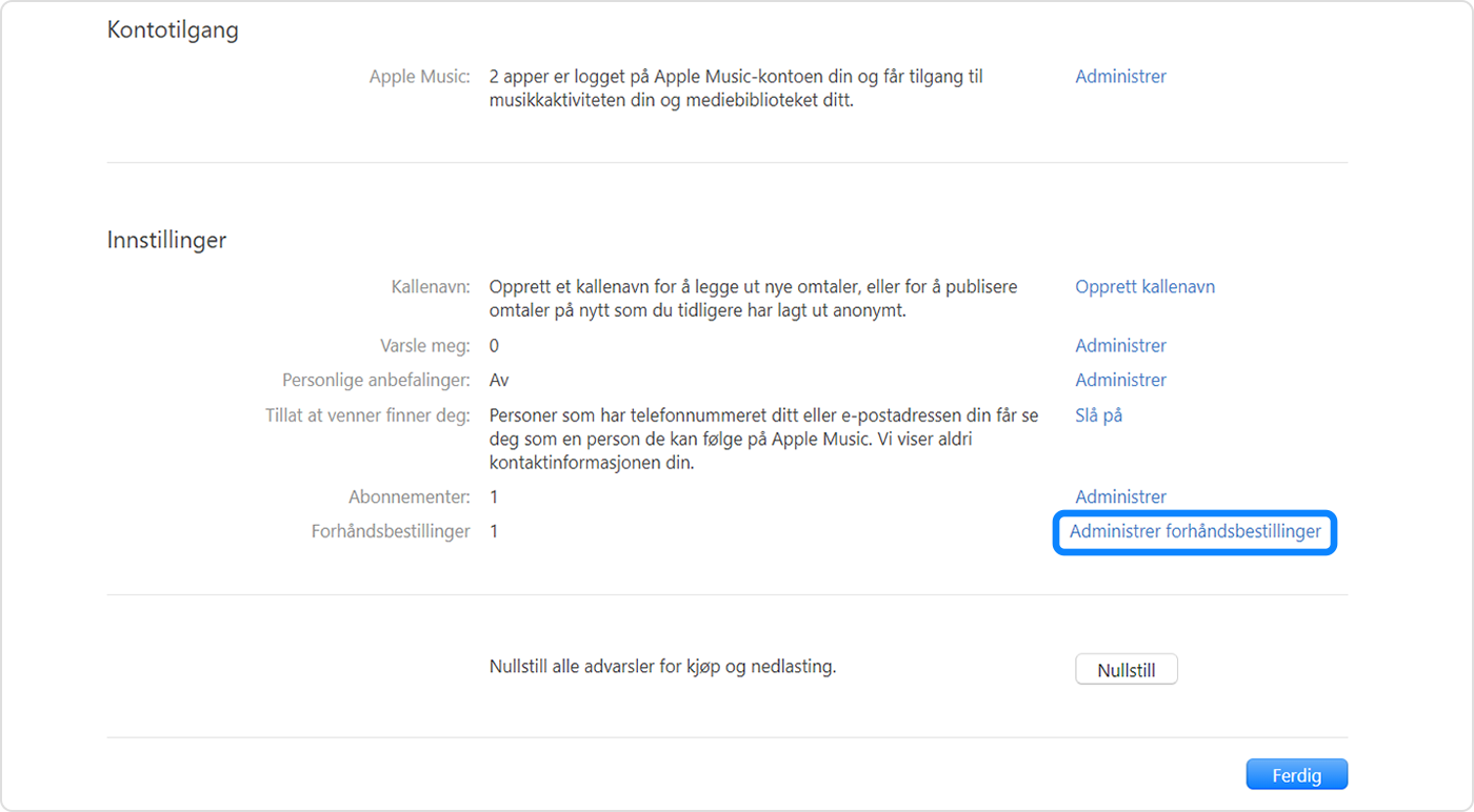 Apple Music-appen for Windows-PC som viser Administrer forhåndsbestillinger i Kontoinnstillinger