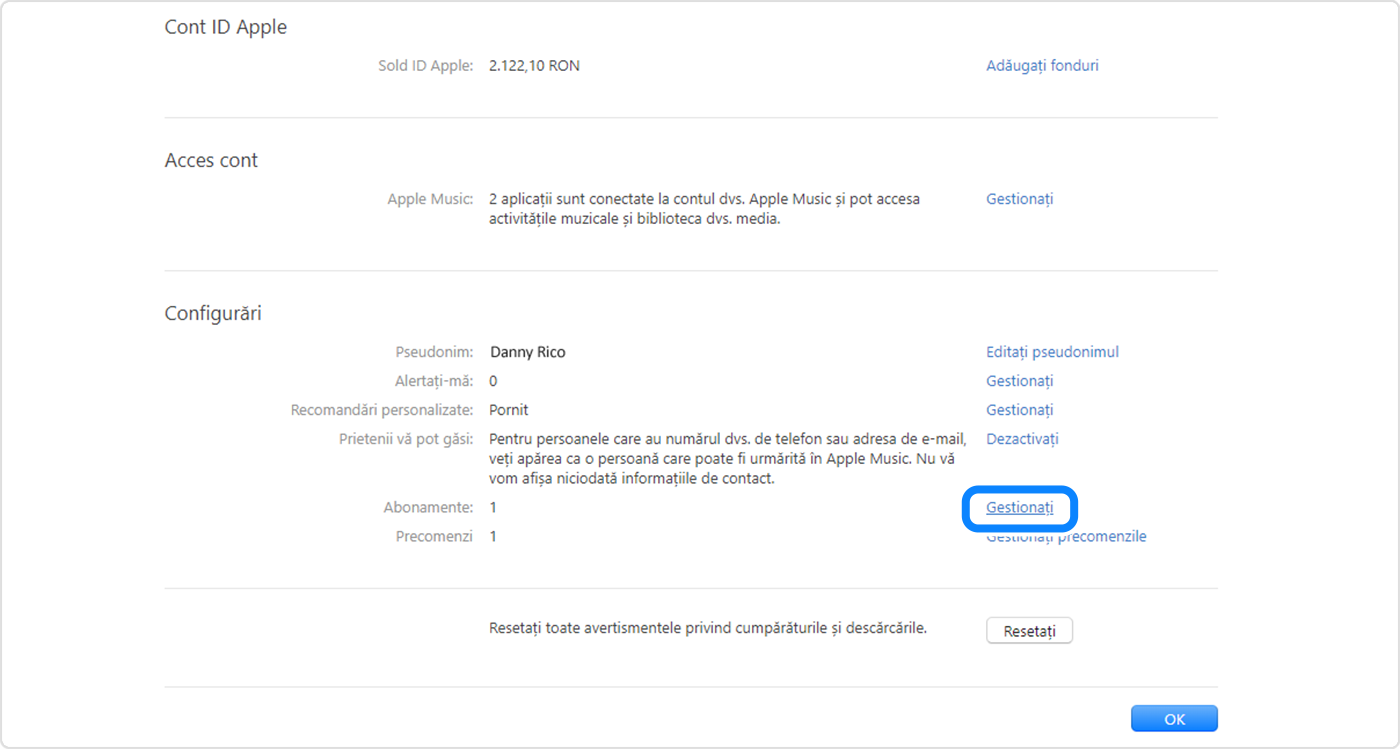 Sistemul de operare Windows afișând ecranul Configurări în aplicația Apple Music. Pentru a-ți gestiona abonamentele, fă clic pe Gestionează.