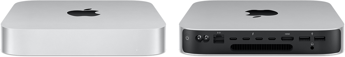 ด้านหน้าและด้านหลังของ Mac mini (ปี 2023) ที่มีพอร์ต Thunderbolt 4 จํานวน 4 พอร์ต