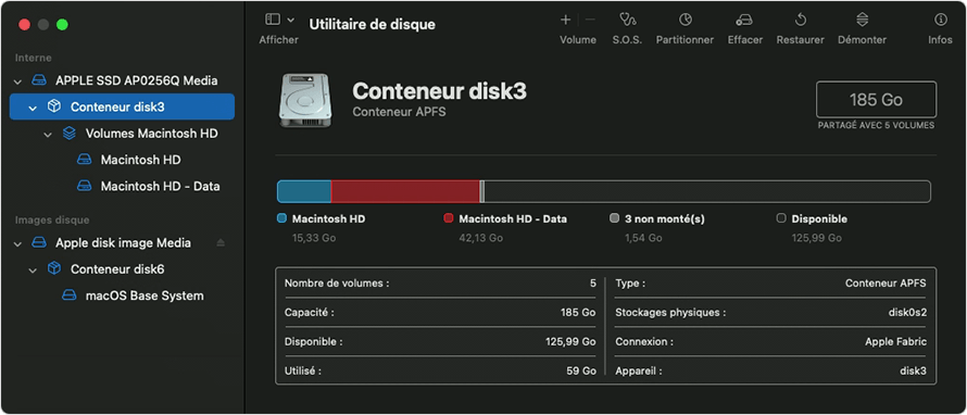 Sélection du conteneur dans Utilitaire de disque