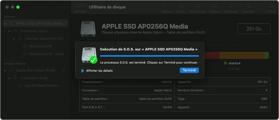 Exécuter le processus S.O.S dans Utilitaire de disque.