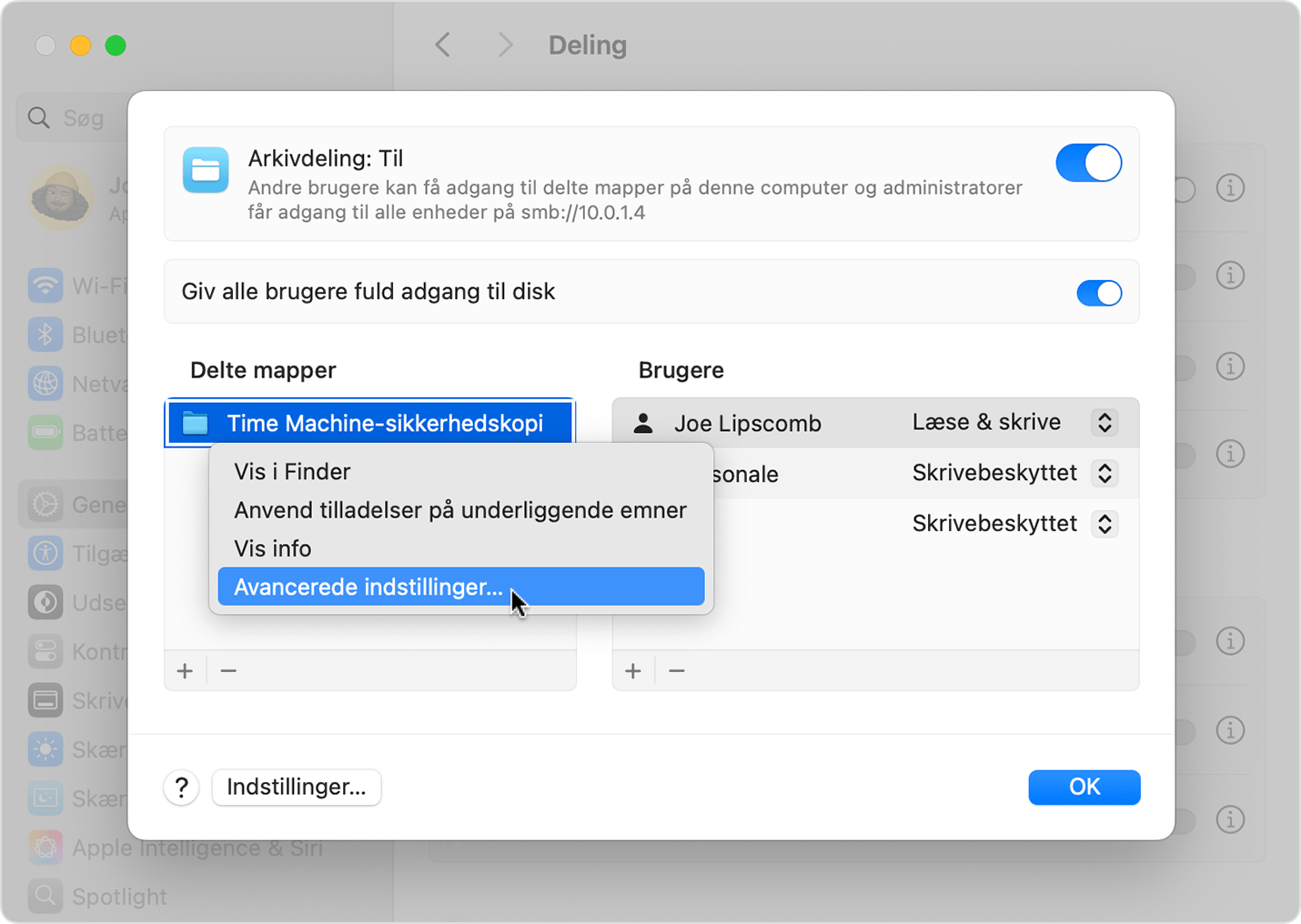Valg af avancerede indstillinger til genvejsmenuen.