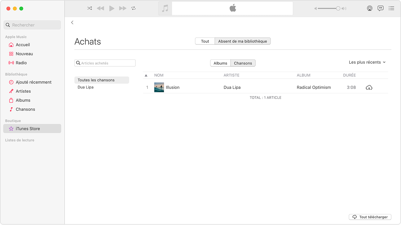 L’app Apple Music sur Mac. L’iTunes Store est sélectionné dans la barre latérale. Le côté droit comporte une chanson avec une icône de téléchargement.