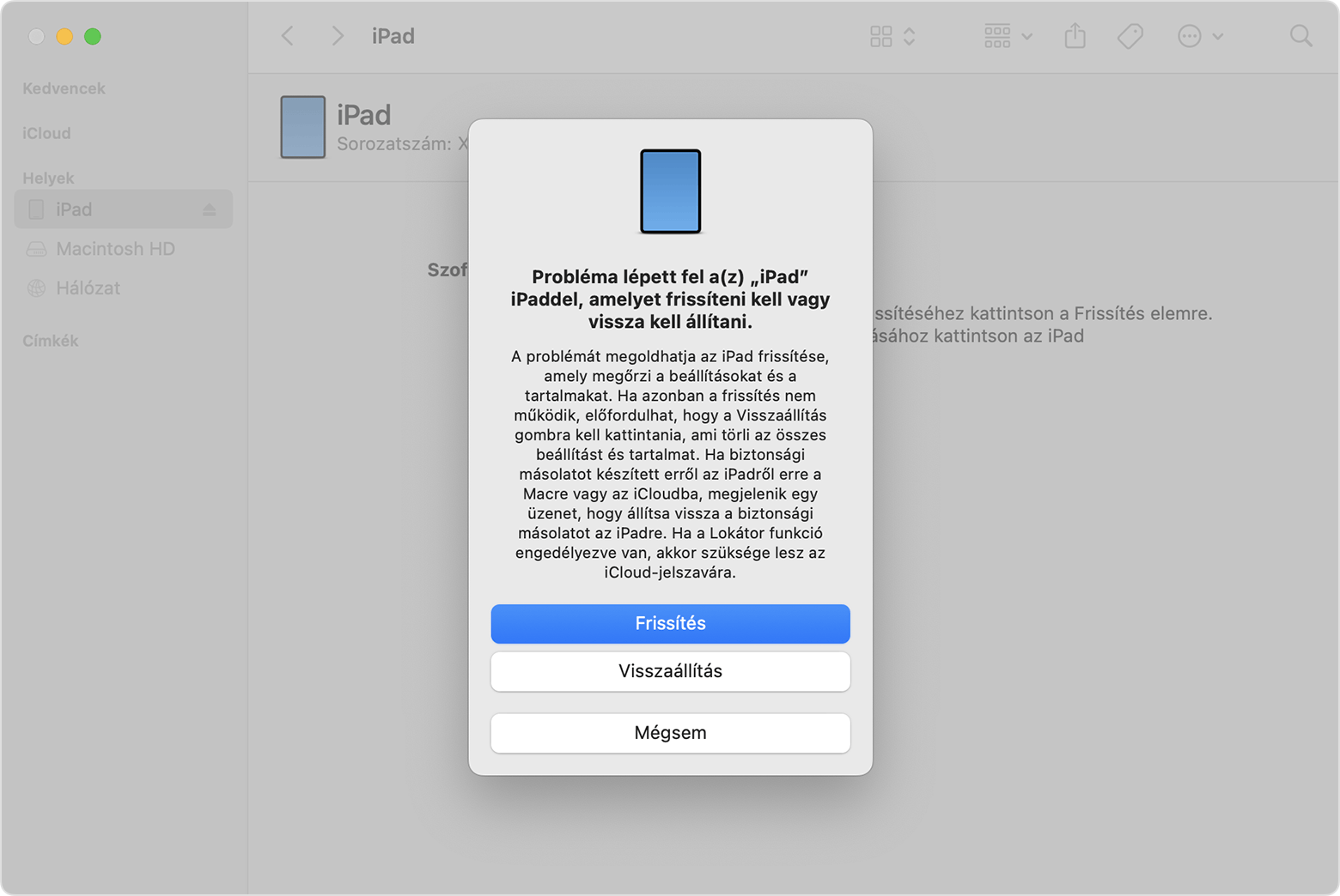 A frissítési és visszaállítási lehetőségeket tartalmazó üzenet