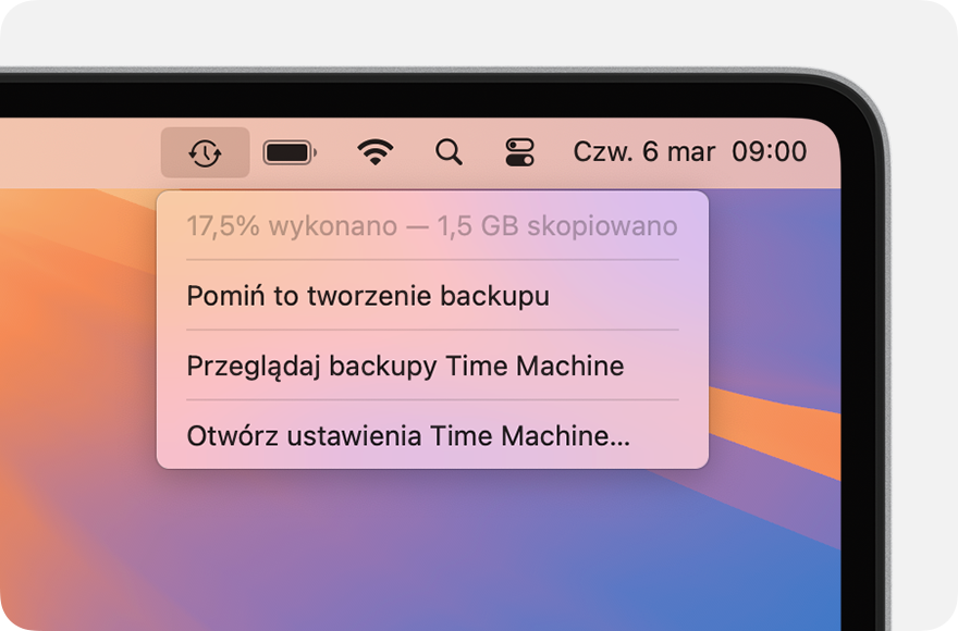 Menu aplikacji Time Machine wyświetlające trwające tworzenie backupu.
