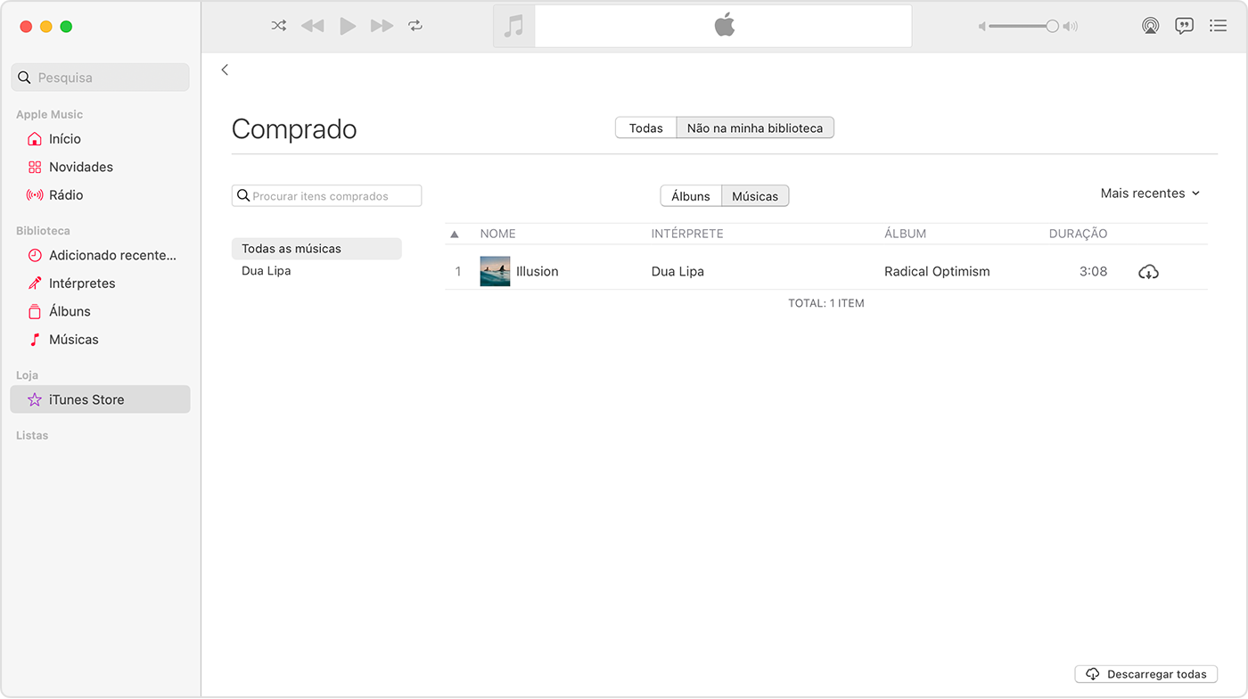 A app Apple Music no Mac. A iTunes Store está selecionada na barra lateral. O lado direito tem uma música com um ícone de descarga.