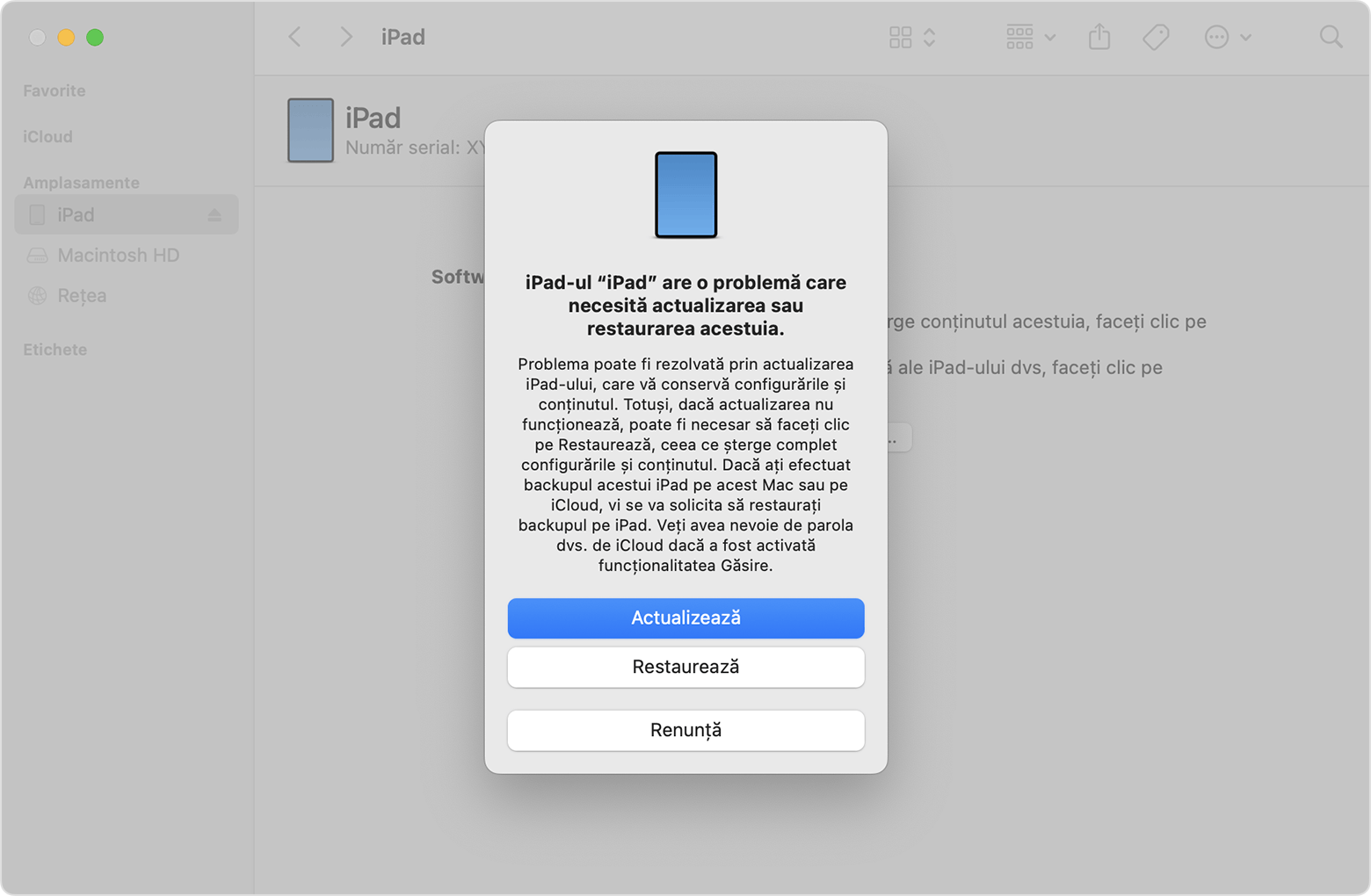 Mesaj care afișează opțiunile de actualizare și restaurare