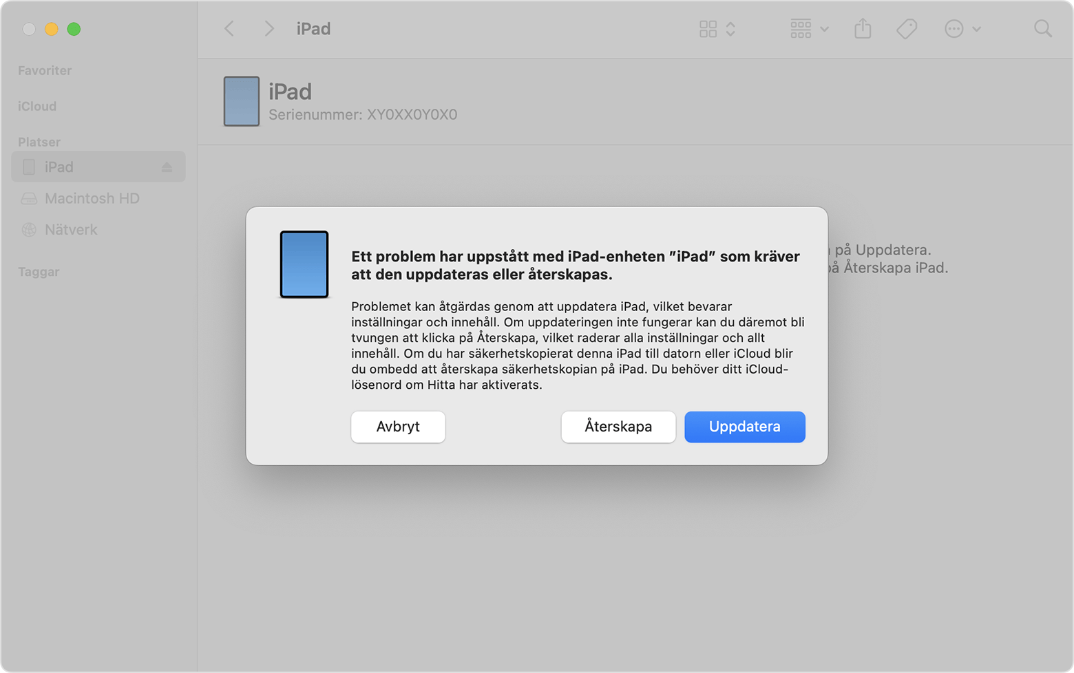 Meddelande som visar alternativen för att uppdatera eller återskapa