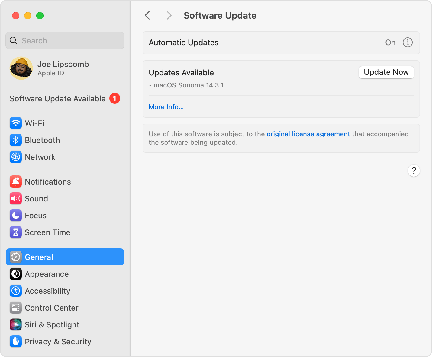 Príklad: Aktualizácia softvéru v systéme macOS Sonoma