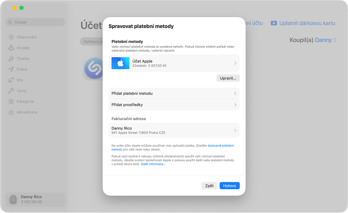 Obrazovka Macu zobrazující nastavení Spravovat platby.