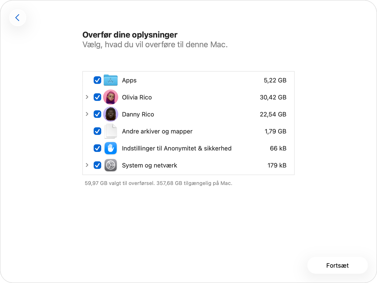 Overførselsassistent, der viser de forskellige kategorier af oplysninger.