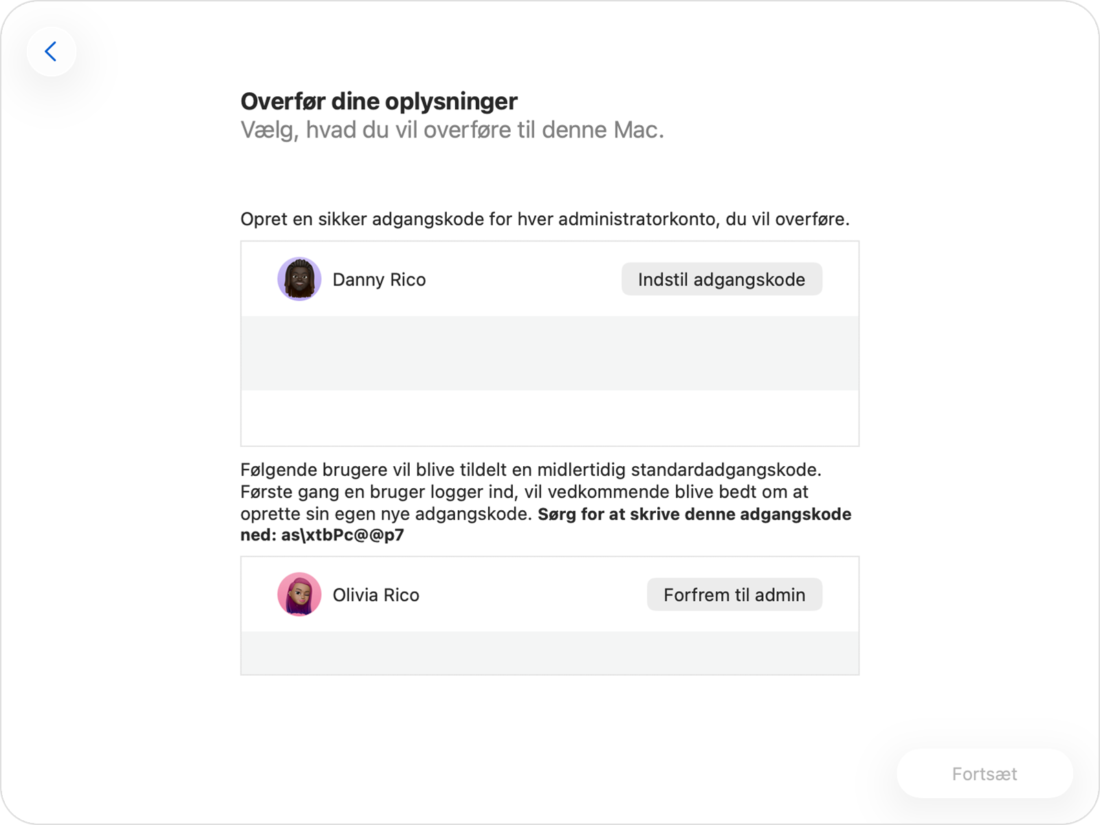 Overførselsassistent, der viser adgangskodeindstillingerne for en administrator- og ikke-administratorkonto.