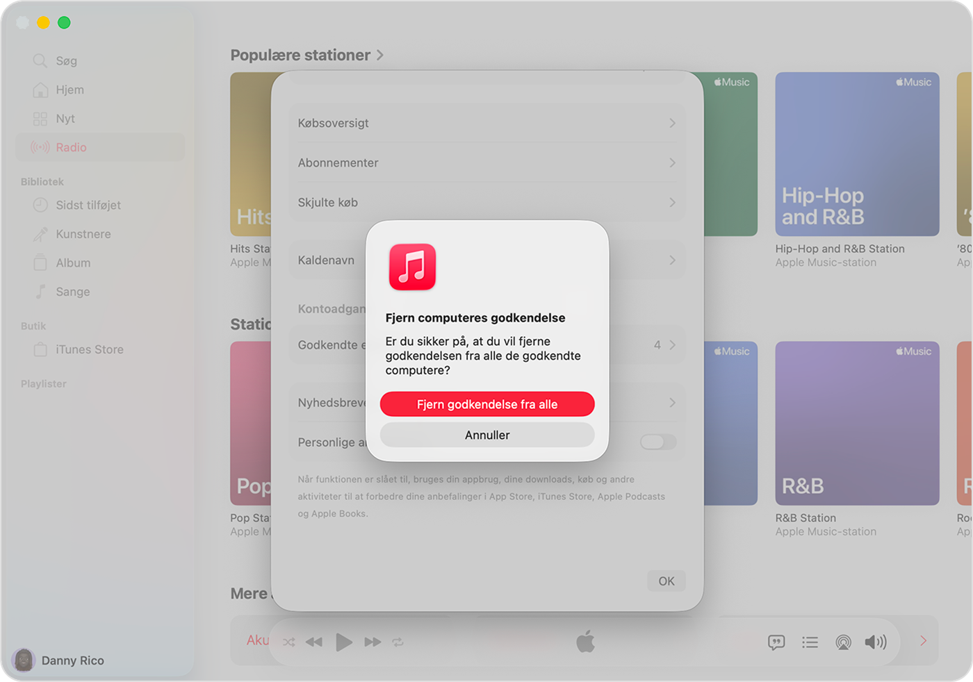 Appen Apple Music på Mac med visning af siden med kontoindstillinger, inklusive Skift land eller område.