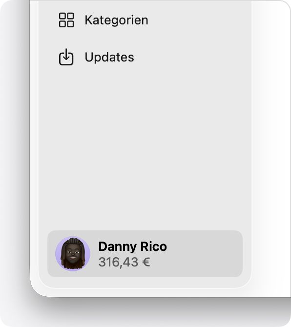 Im App Store unter macOS wird das Accountguthaben unten in der Seitenleiste angezeigt.