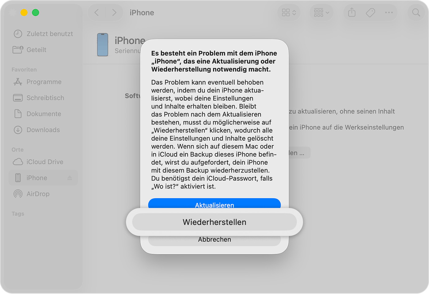Nachdem du dein iPhone mit deinem Computer verbunden hast, tippe auf „Wiederherstellen“, wenn diese Option vorhanden ist.