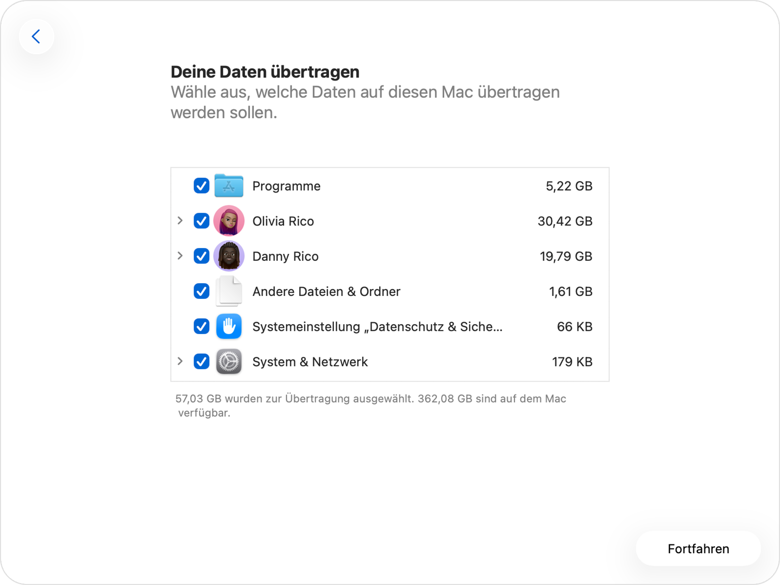 Der Migrationsassistent zeigt die verschiedenen Informationskategorien an.