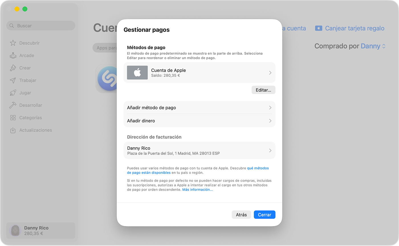Una pantalla de Mac que muestra los ajustes de Gestionar pagos.