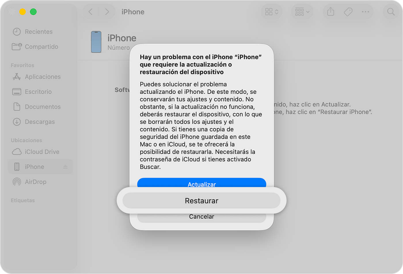 Después de conectar el iPhone al ordenador, toca Restaurar cuando tengas la opción.