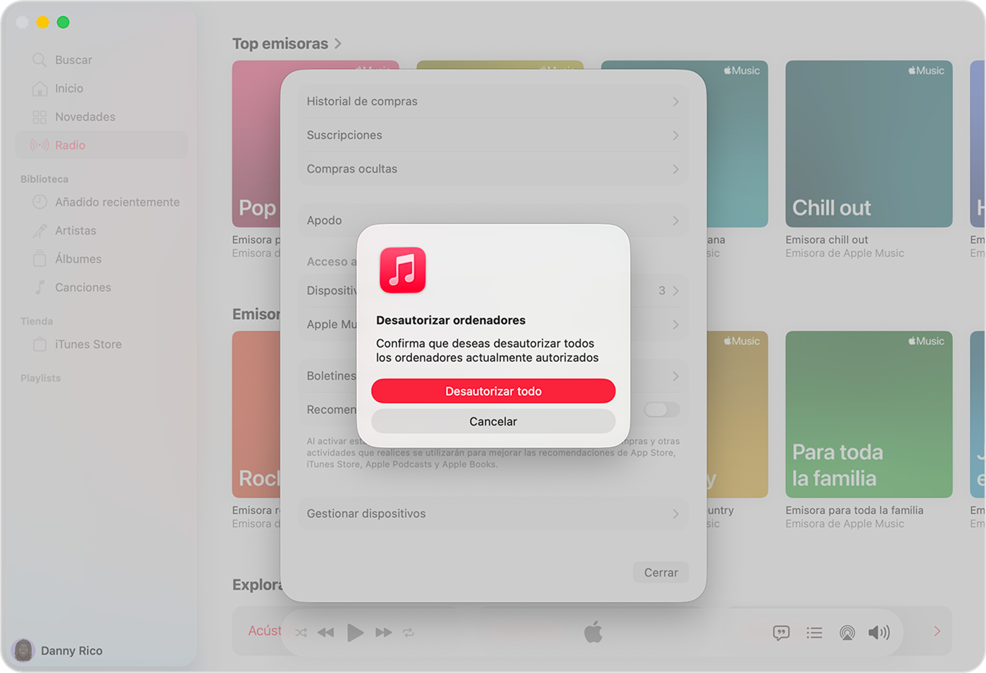 La app Apple Music en un Mac que muestra la página de ajustes de la cuenta, incluida la sección para cambiar el país o la región.