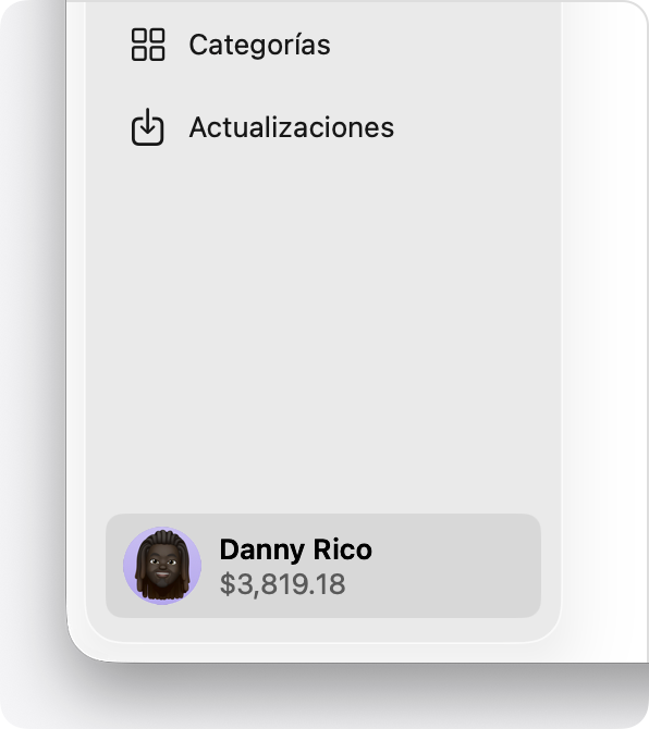 En App Store de macOS, el saldo de la cuenta se muestra en la parte inferior de la barra lateral.