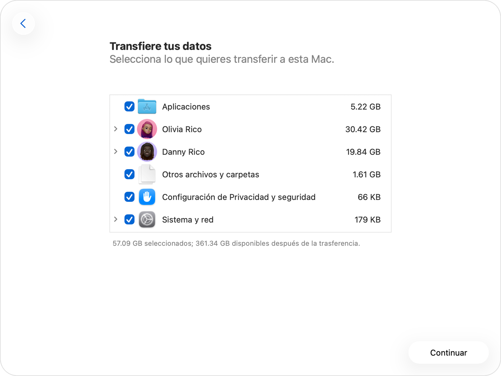 Asistente de Migración en el que se muestran las distintas categorías de información.
