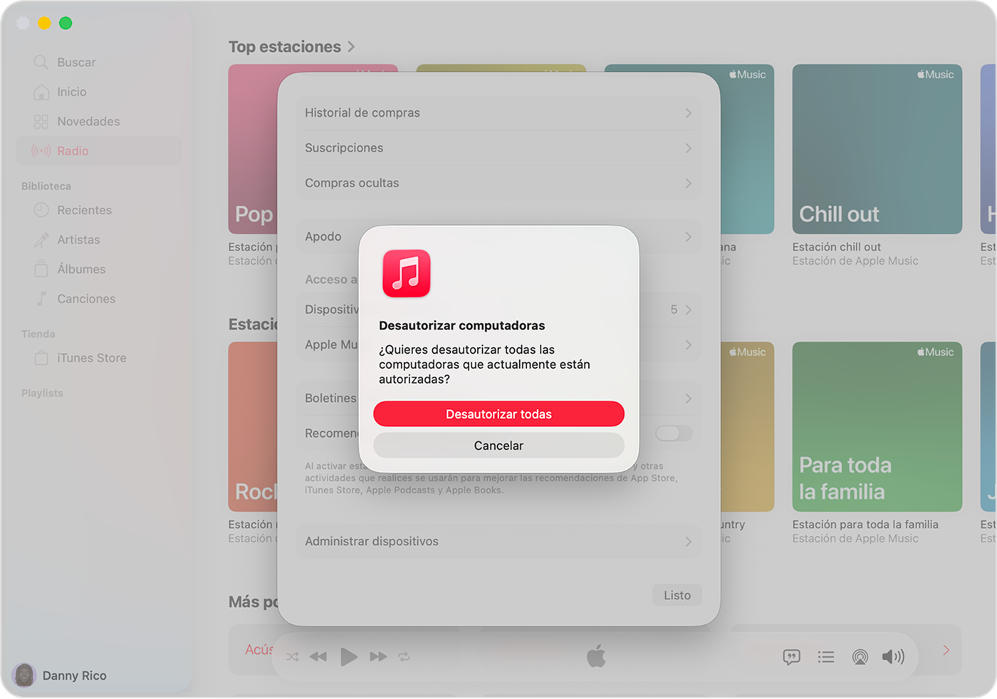 App Apple Music en la Mac donde se muestra la página Configuración de la cuenta, incluido Cambiar de país o región.