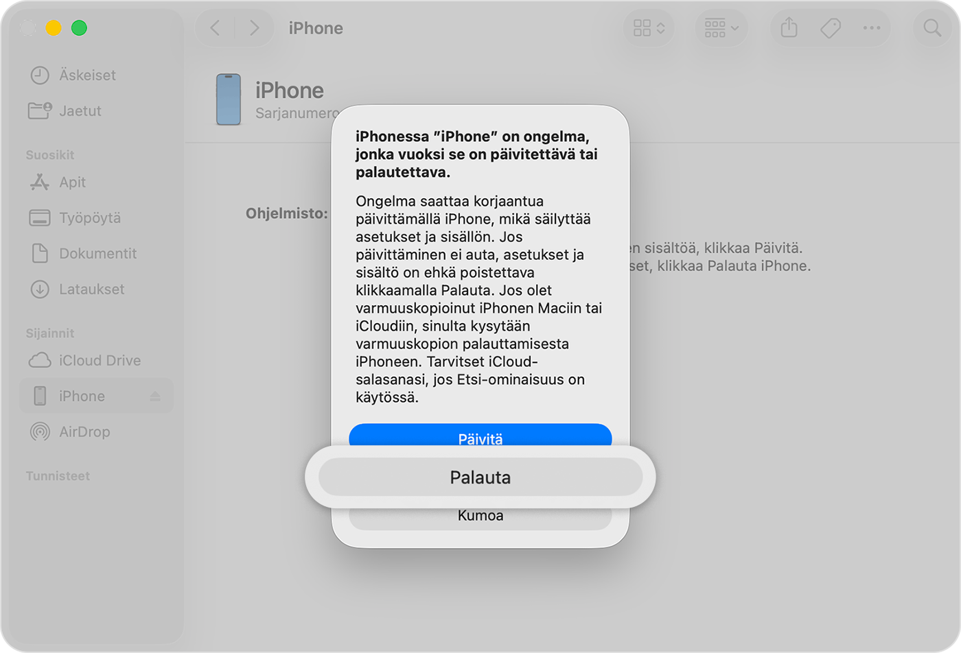 Kun olet yhdistänyt iPhonen tietokoneeseen, napauta Palauta-vaihtoehtoa, joka tulee näkyviin.