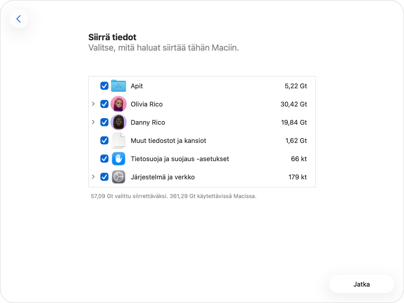 Siirtymisapuri, joka näyttää eri tietokategoriat.