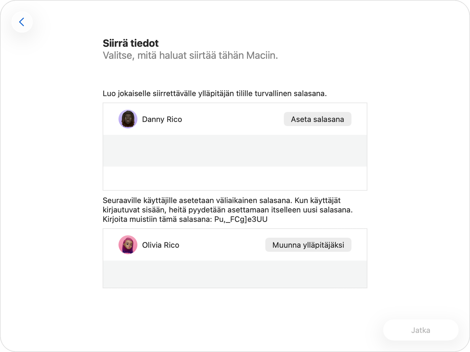 Siirtymisapuri, jossa näkyvät ylläpitäjän ja muun kuin ylläpitäjän tilin salasanavaihtoehdot.