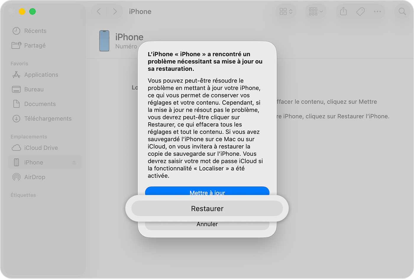 Une fois que vous avez connecté votre iPhone à votre ordinateur, touchez Restaurer lorsque vous avez l’option.