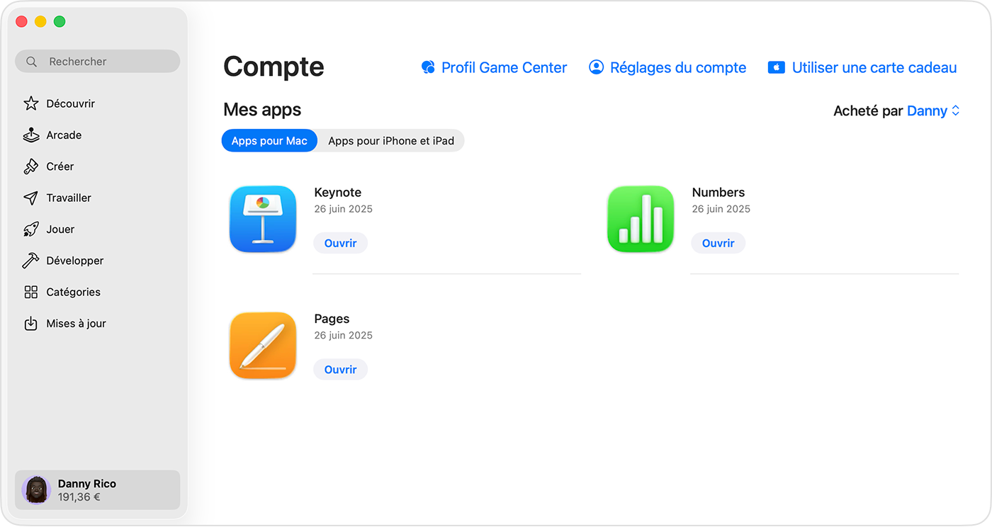 App Store sur un Mac affichant l’option permettant d’utiliser une carte cadeau.