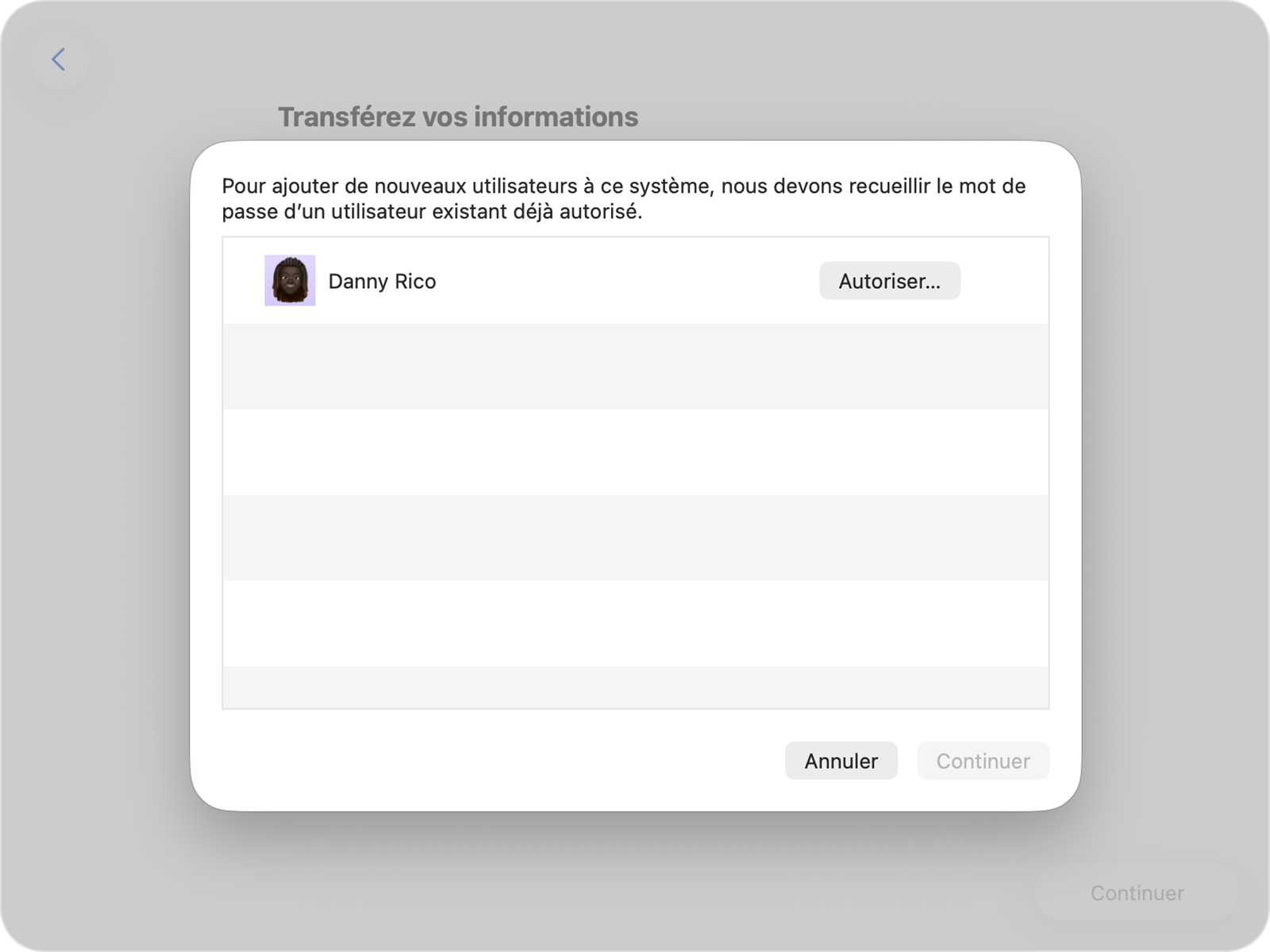 Assistant migration demandant le mot de passe d’un compte existant pour autoriser le transfert.