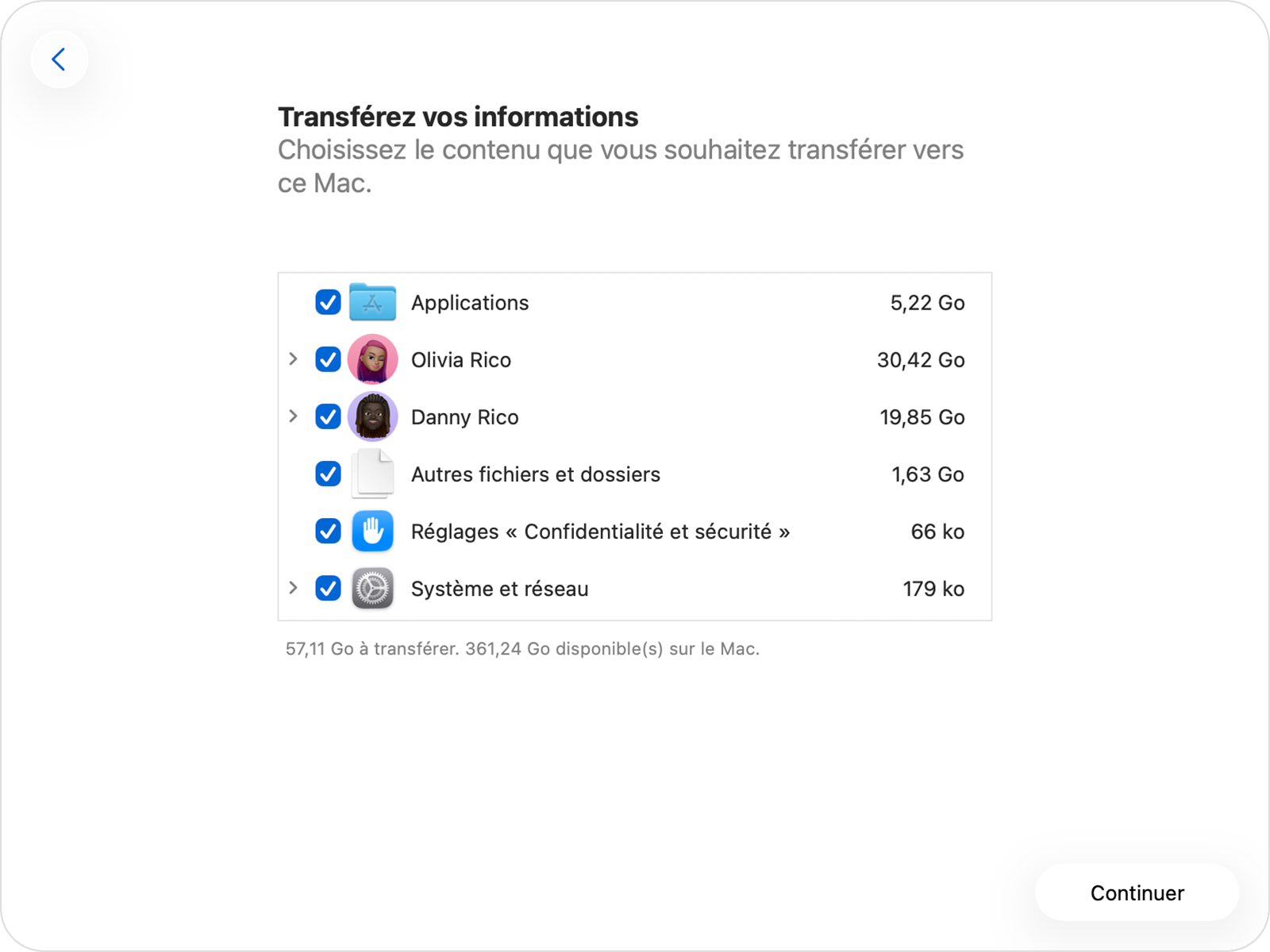 Assistant migration affichant les différentes catégories d’informations.